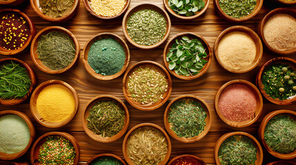 Vibrant spices and herbs in wooden bowls, showcasing the variety and richness of global cuisines