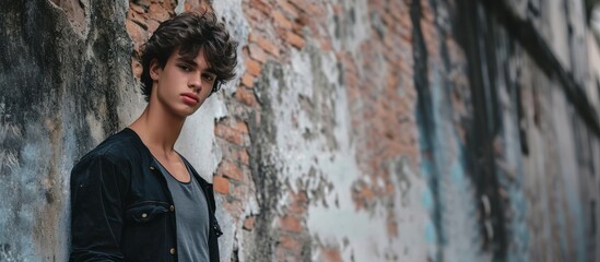 A stylish young man with curly hair poses in front of a brick wall, showcasing his artistic flair with wood and artistic eyewear.