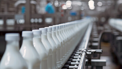 Row of milk bottles on a conveyor belt at a dairy processing plant. Bottles filled with milk are ready for packaging or distribution. Conveyor of an automated production line