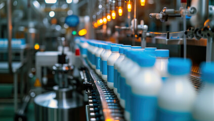 Fototapeta na wymiar Row of milk bottles on a conveyor belt at a dairy processing plant. Bottles filled with milk are ready for packaging or distribution. Conveyor of an automated production line