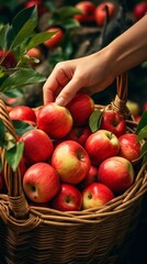 In a close-up shot, a woman's hands carefully pick ripe apples from a basket.