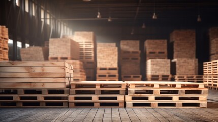 Wooden pallets stored for transportation and logistics in a warehouse, with copy space available.