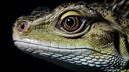 Close-up portrait of a reptile captured with a top-quality camera lens, isolated against a black background.