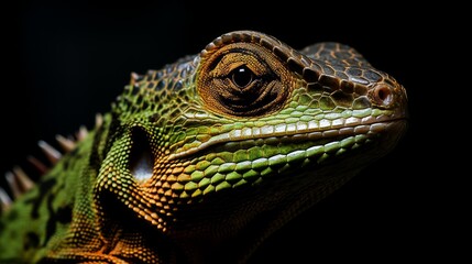 Obraz premium Close-up portrait of a reptile captured with a top-quality camera lens, isolated against a black background.