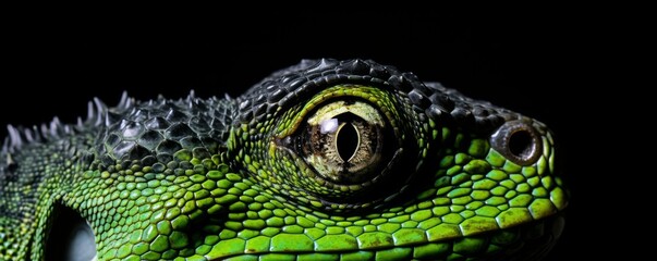 Naklejka premium Close-up portrait of a reptile captured with a top-quality camera lens, isolated against a black background.
