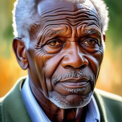An impressionistic painting style depicting the natural beauty of an African American older man, his masculine, well-defined face, and his encouraging and kind eyes - obrazy, fototapety, plakaty