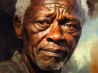 An impressionistic painting style depicting the natural beauty of an African American older man, his masculine, well-defined face, and his encouraging and kind eyes