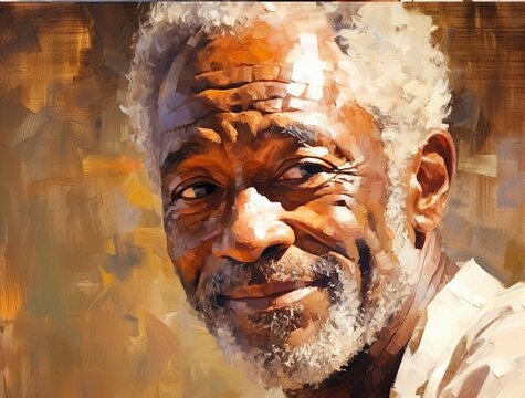An impressionistic painting style depicting the natural beauty of an African American older man, his masculine, well-defined face, and his encouraging and kind eyes