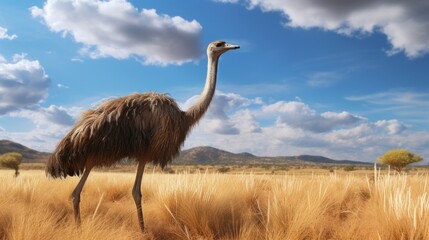 An ostrich stands in a field of dry grass with a blue sky and clouds in the background. - obrazy, fototapety, plakaty