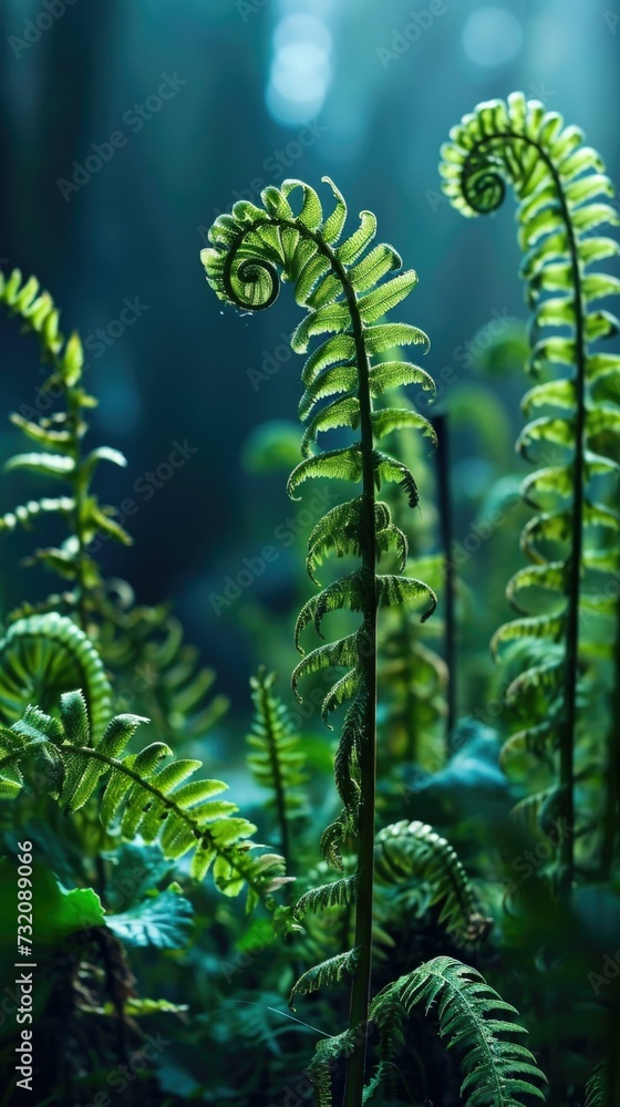 Poster ferns in the forest with sunlight. generative ai.