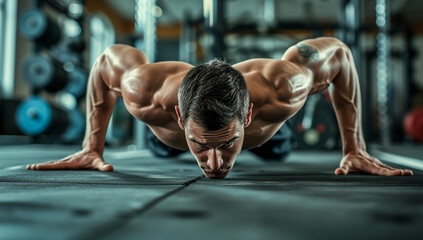 Fototapeta na wymiar a man doing push-ups in the gym