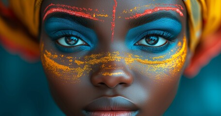 Striking Portrait of a Woman with Vibrant Tribal Face Paint