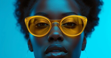 Stylish Young Woman in Yellow Sunglasses on Blue Background