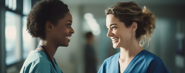 A woman patient shares a smile with a female nurse. - obrazy, fototapety, plakaty