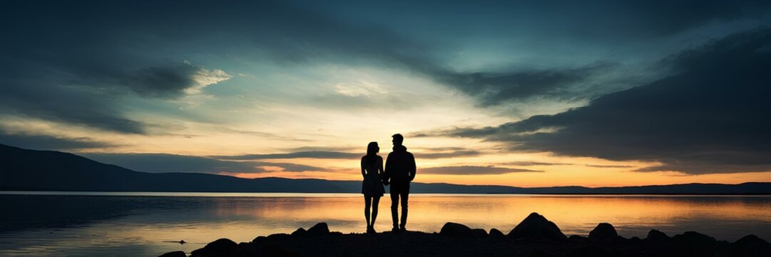 Silhouette of a couple on the edge of the lake at sunset