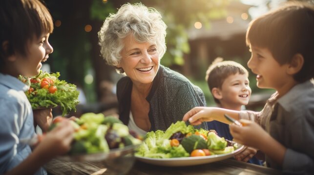 Happy senior grandmother enjoying outdoor dinner with grandchildren at garden party