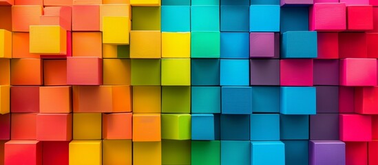 A collection of vibrant colorful cubes displayed in formation.