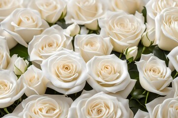 Set your eyes on the serene beauty of a background adorned with a set of white rose flowers delicately arranged on a table, their pristine petals exuding elegance and purity under the gentle caress of