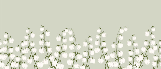 Seamless border, spring flowers lilies of the valley. Spring background with copy space. Illustration, template, print, vector - obrazy, fototapety, plakaty