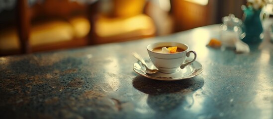 Hot drink a cup of coffee on saucer with a spoon in blur cafe or restaurant background. AI generated