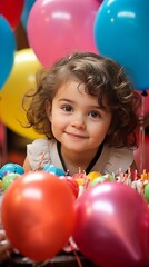 Fototapeta na wymiar Portrait of a little girl on her birthday party, with colorful balloons in the background and a birthday cake adorned with candles.