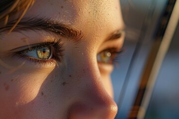 A mesmerizing portrait of a woman's soul, captured in the delicate details of her eyelashes, skin, and iris, enhanced by the touch of mascara and framed by her expressive eyebrows
