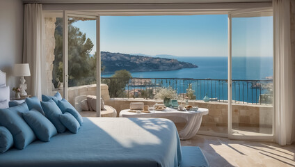 Fototapeta premium Beautiful hotel room with sea view romantic