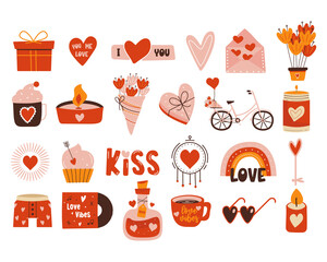 Valentines day elements designs collection. Valentine flat clipart set with love elixir, coffee cup, cupcake. Holiday of love symbols in cute style. Stock illustrations