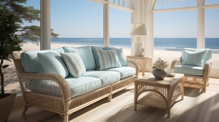 A coastal sunroom with a white wicker sofa, a blue coffee table, a striped rug, and a sea view.