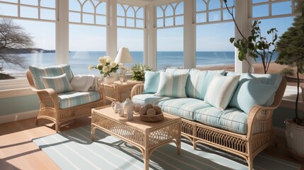 Obraz premium A coastal sunroom with a white wicker sofa, a blue coffee table, a striped rug, and a sea view.