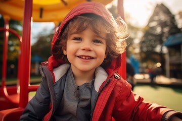 Cheerful young boy having fun and playing on the colorful playground equipment in the park