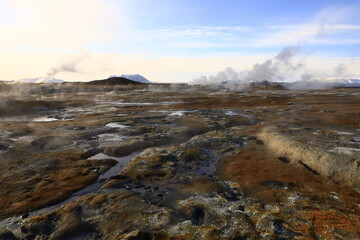 Hverarönd is a hydrothermal site in Iceland with hot springs, fumaroles, mud ponds and very active solfatares. It is located in the north of Iceland