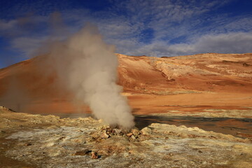 Hverarönd is a hydrothermal site in Iceland with hot springs, fumaroles, mud ponds and very active solfatares. It is located in the north of Iceland