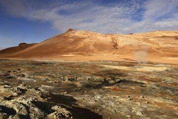 Hverarönd is a hydrothermal site in Iceland with hot springs, fumaroles, mud ponds and very active solfatares. It is located in the north of Iceland