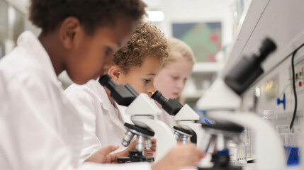 Fototapeta na wymiar Children look through microscopes in a bright scientific laboratory