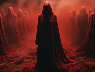People in red cloaks in a hood gather to perform a ritual.
