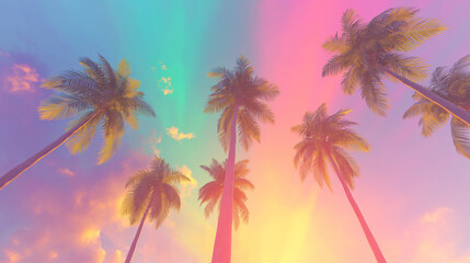Fototapeta na wymiar View of tall palm trees against a rainbow sky