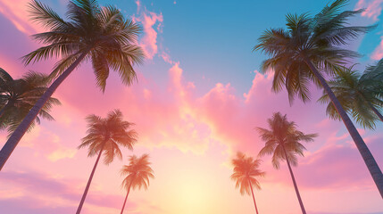 View of tall palm trees against a rainbow sky