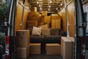Van is filled with a large number of cardboard boxes. Densely packed boxes for delivery or transport