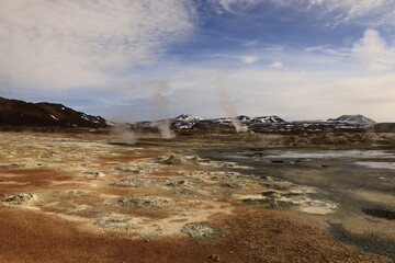 Hverarönd is a hydrothermal site in Iceland with hot springs, fumaroles, mud ponds and very active solfatares. It is located in the north of Iceland