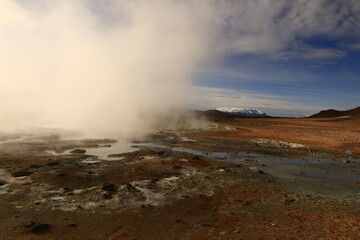 Hverarönd is a hydrothermal site in Iceland with hot springs, fumaroles, mud ponds and very active solfatares. It is located in the north of Iceland