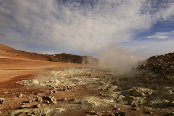 Hverarönd is a hydrothermal site in Iceland with hot springs, fumaroles, mud ponds and very active solfatares. It is located in the north of Iceland