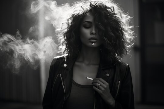 Close-up of a stylish young woman smoking a cigarette with a confident and carefree attitude