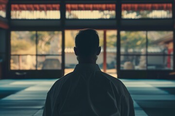 A person dressed in a white kimono gazes out of a window onto the bustling street below, their robe flowing elegantly in the outdoor breeze
