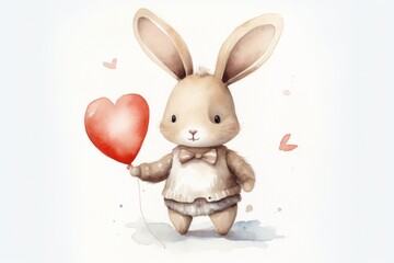 Charming watercolor illustration of a bunny with a heart-shaped balloon, perfect for Valentine's cards and decorations.