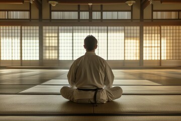 A lone figure sits on a shoji mat, gazing out the window, his clothing a stark contrast against the muted indoor colors, grounded in contemplation