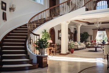 entrance area of traditional style home with angled stairs
