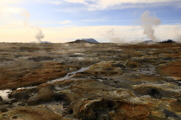 Hverarönd is a hydrothermal site in Iceland with hot springs, fumaroles, mud ponds and very active solfatares. It is located in the north of Iceland