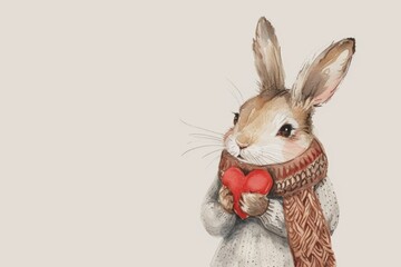 Fototapeta premium Watercolor painting of a rabbit snug in a sweater and scarf, lovingly holding a heart, against a soft white backdrop.