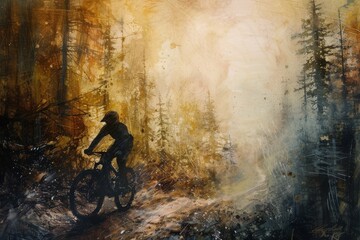 A solitary cyclist traverses the lush forest trails, their journey immortalized in a vibrant painting capturing the freedom and connection to nature found in this beloved outdoor activity